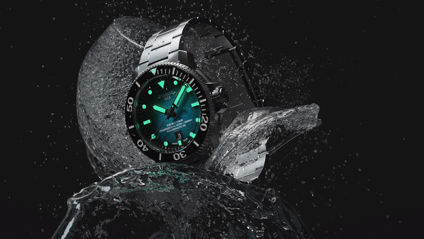 Tissot，painting in water colours，wave，sapphire，Product video dynamic effect，