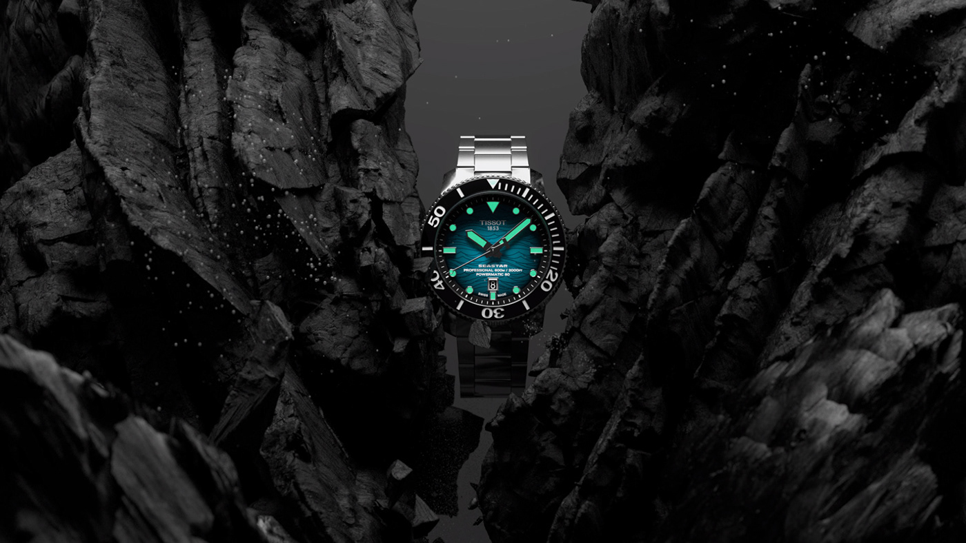 Tissot，painting in water colours，wave，sapphire，Product video dynamic effect，