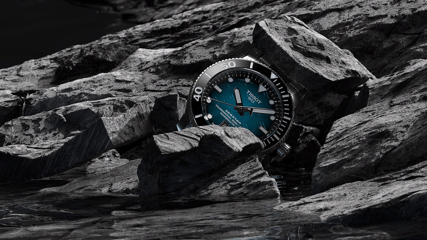 Tissot，painting in water colours，wave，sapphire，Product video dynamic effect，