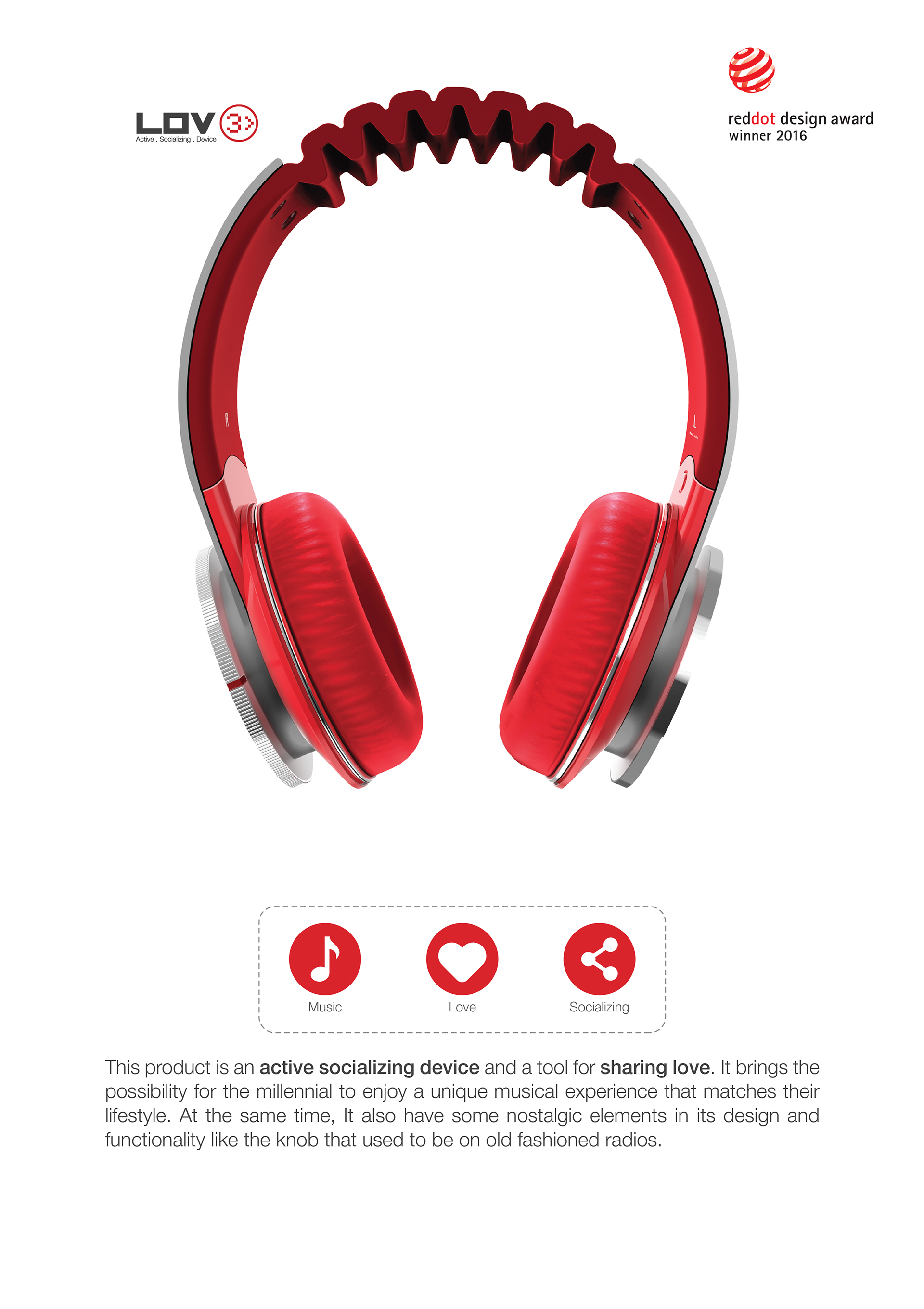 share，w，Social app，headset，radio，music，2016 red dot award，