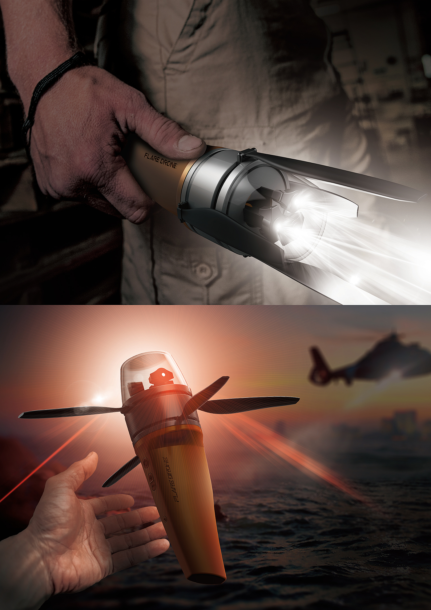 Flashlight，UAV，sea rescue，sos，Signal transmitter，conceptual design，LED signal lamp，