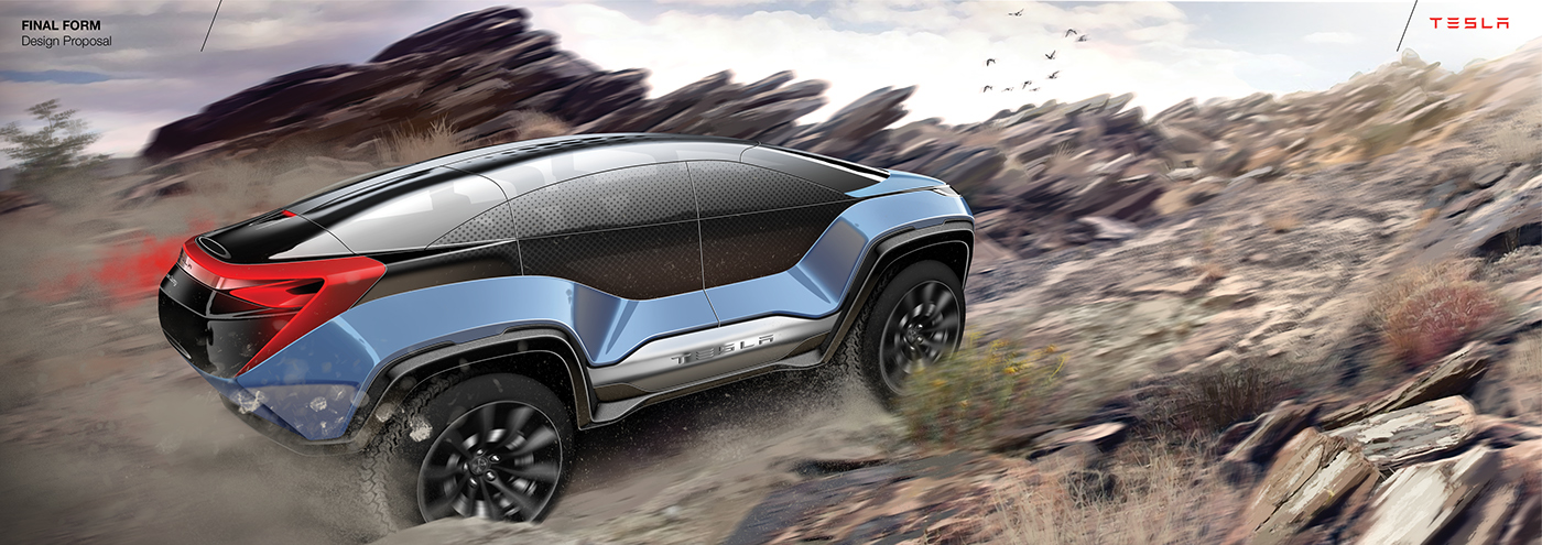 automobile，Tesla，cross-country，conceptual design，Single shell hunting，carbon fibre，