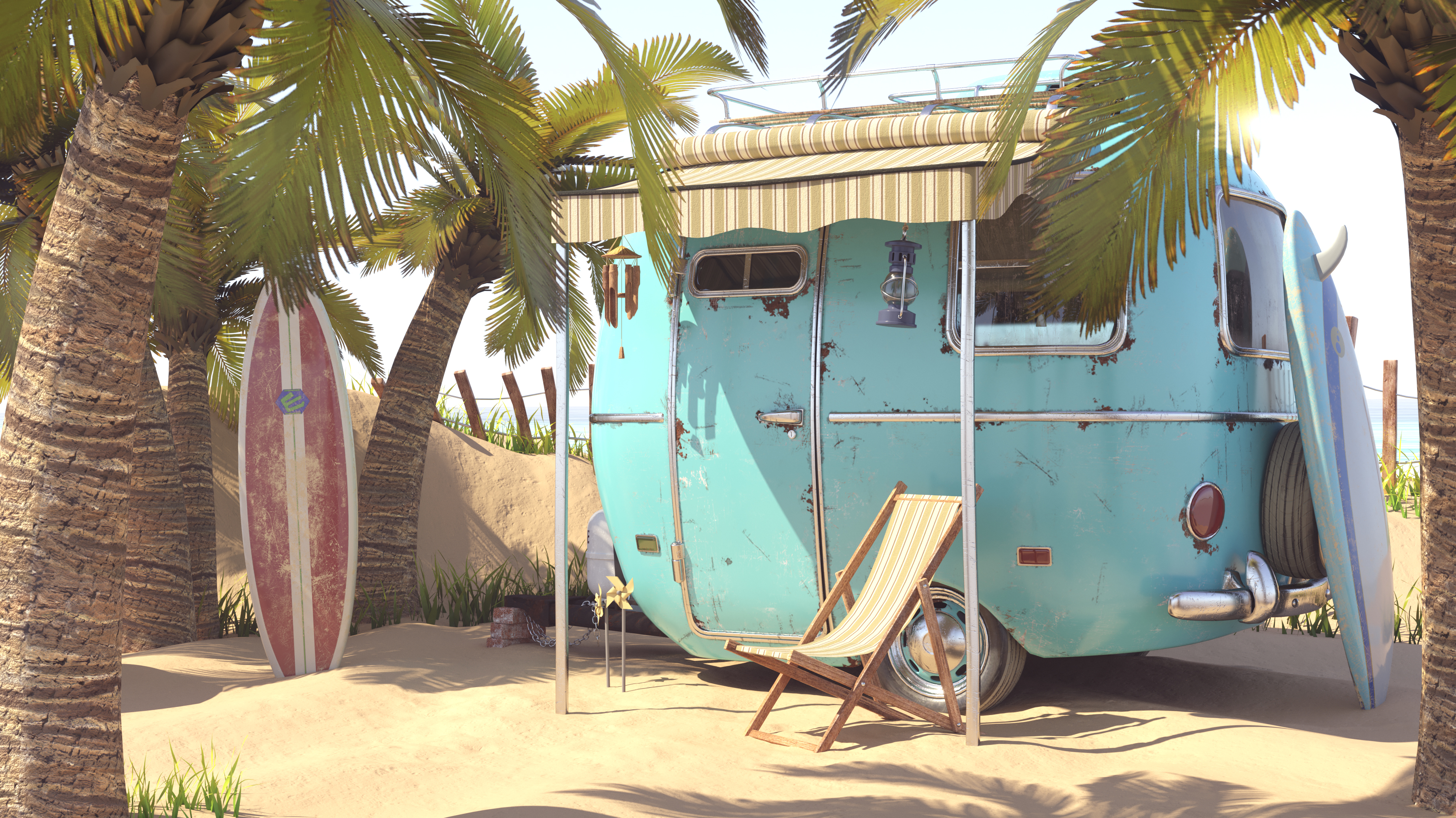 Summer seaside rendering，Car rendering，Realistic scene，Station wagon rendering，