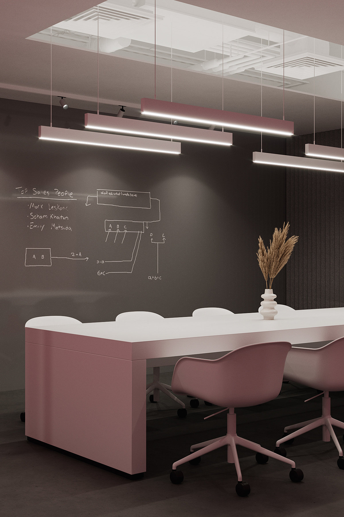 办公室设计，极简主义，粉色，