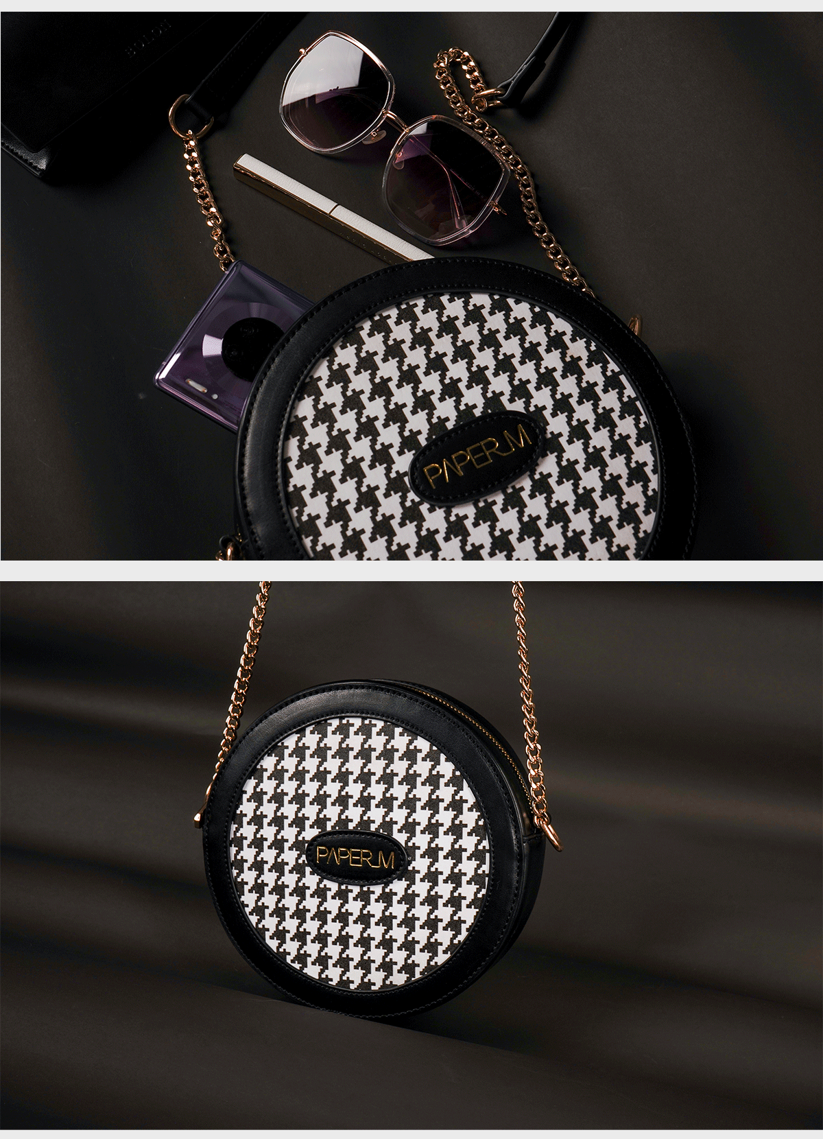 ，Light luxury，Female bag，Round cake bag，houndstooth ，