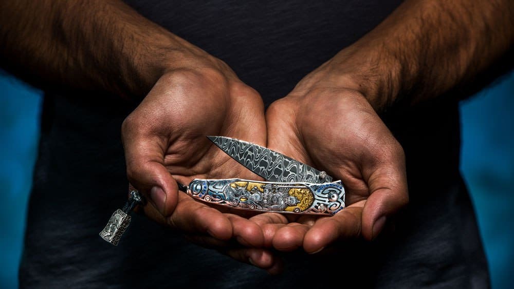 American artists，sled，silver，Pocket knife，Damascus，Hand knife，