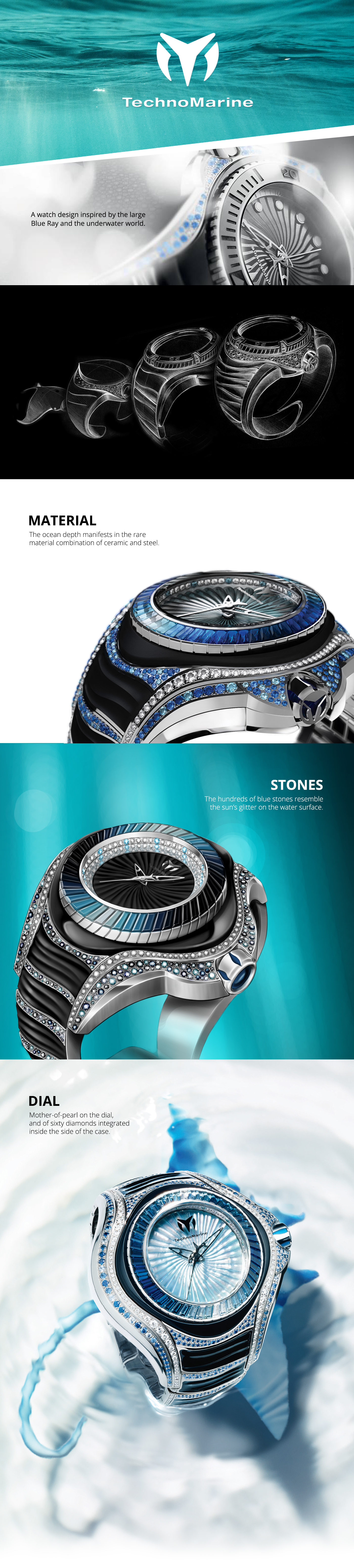 ocean，Diamonds，blue，Underwater，conceptual design，Wrist watch，