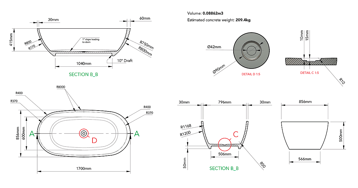 Barnaby Ward，Concrete bathtub，Concrete design，Repeatable manufacturing，glass fibre，Fusion 360，Detail design，