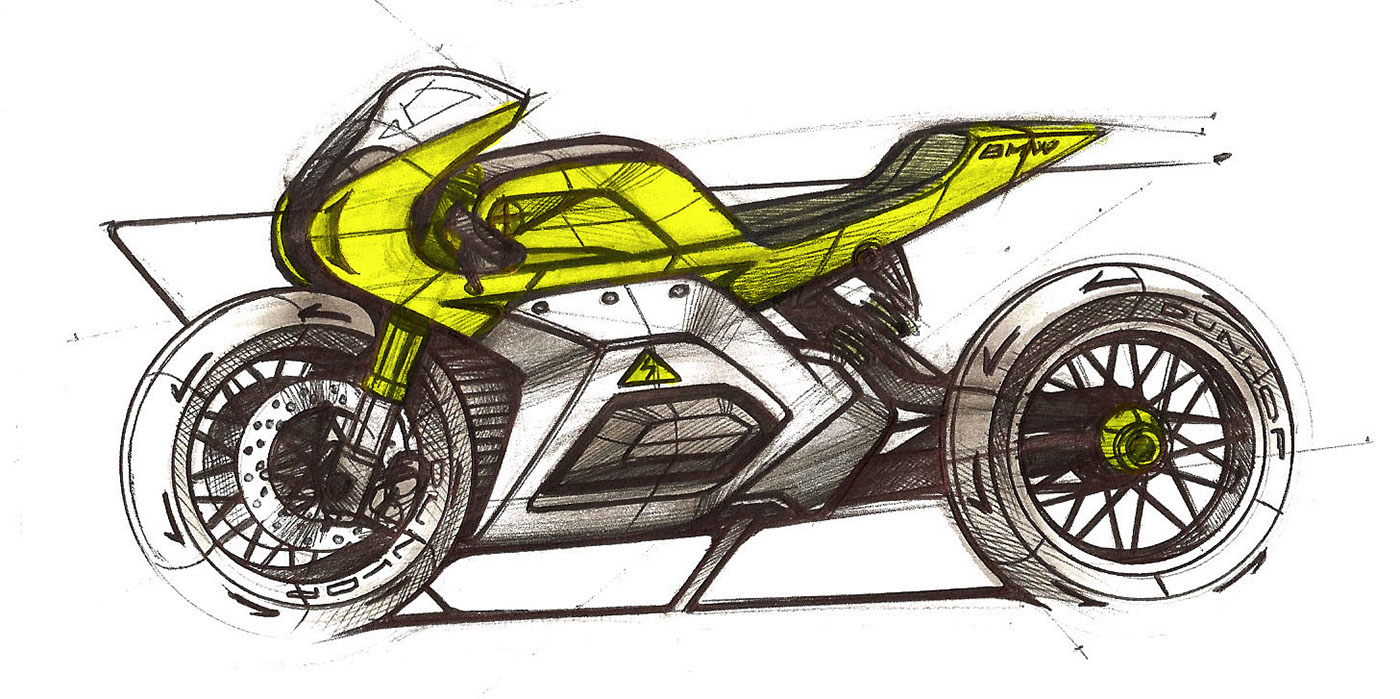 motorcycle，Hand drawn effect，Color rendering，industrial design，