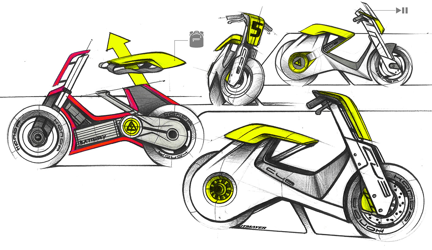 motorcycle，Hand drawn effect，Color rendering，industrial design，