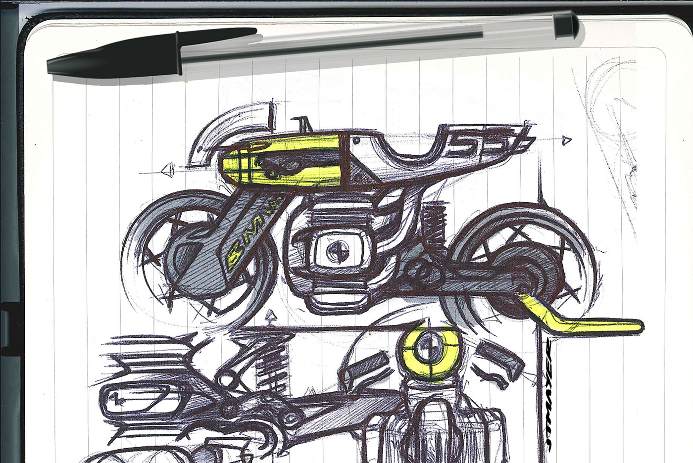 motorcycle，Hand drawn effect，Color rendering，industrial design，