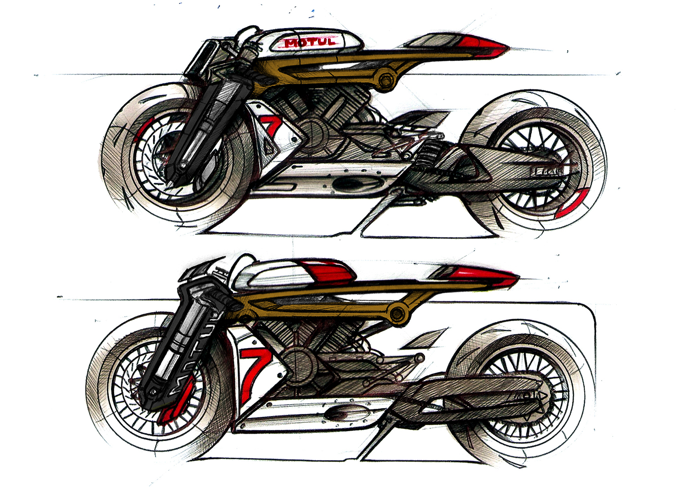 motorcycle，Hand drawn effect，Color rendering，industrial design，