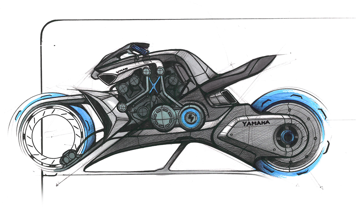 motorcycle，Hand drawn effect，Color rendering，industrial design，