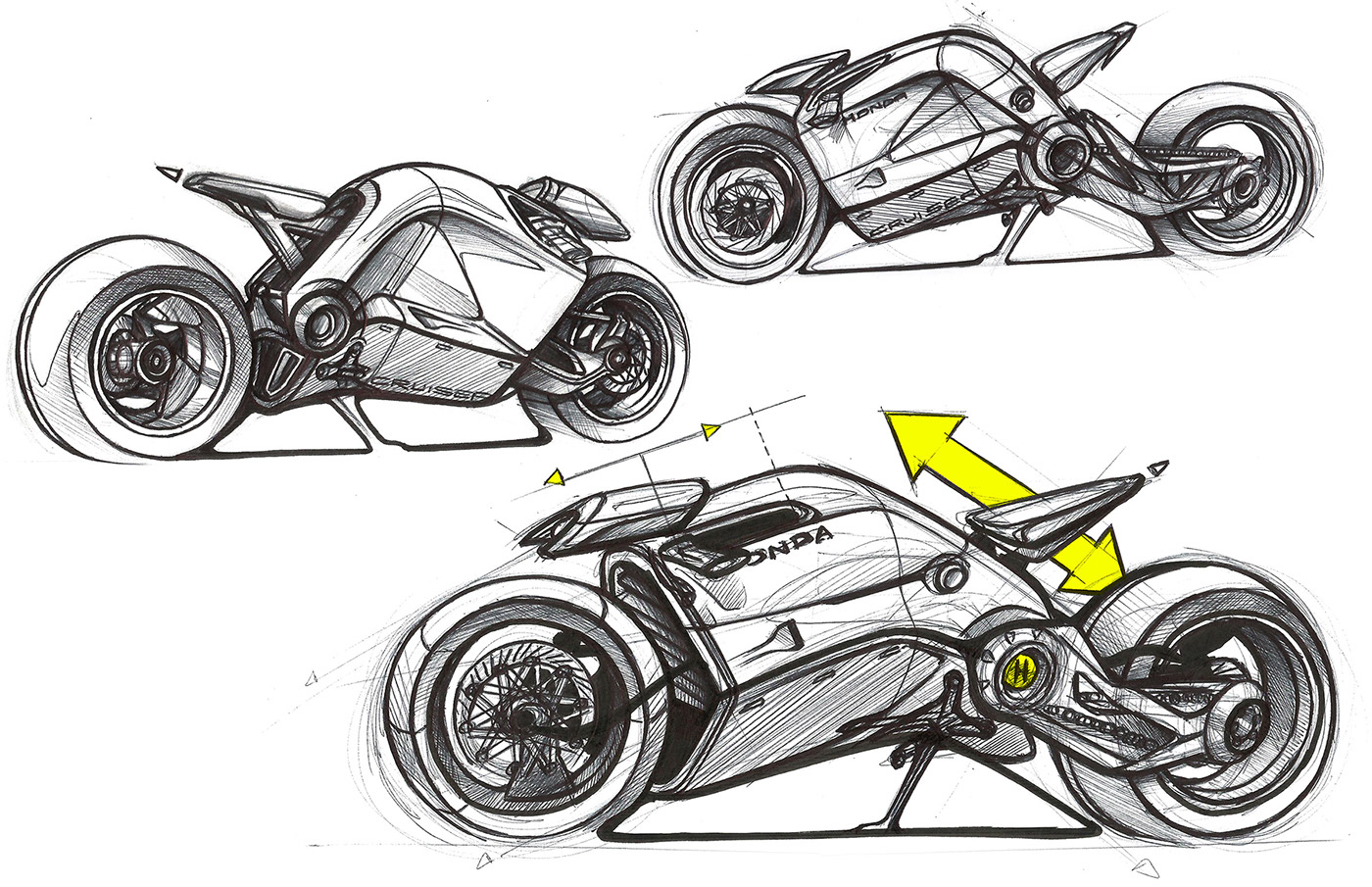 motorcycle，Hand drawn effect，Color rendering，industrial design，