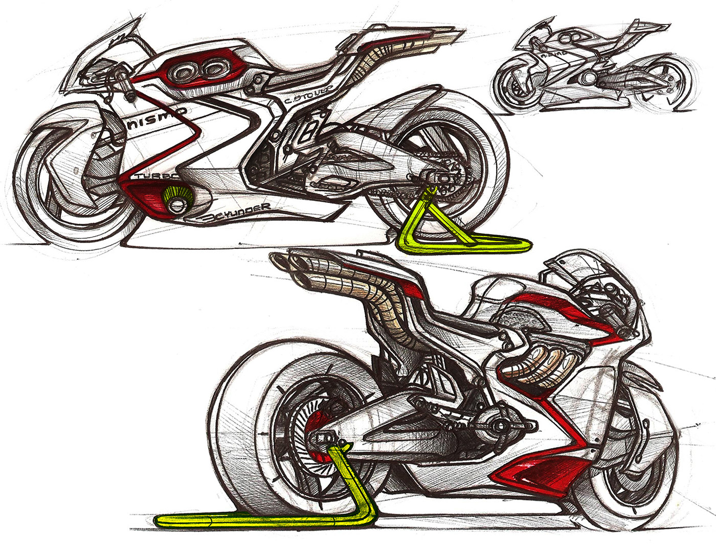 motorcycle，Hand drawn effect，Color rendering，industrial design，