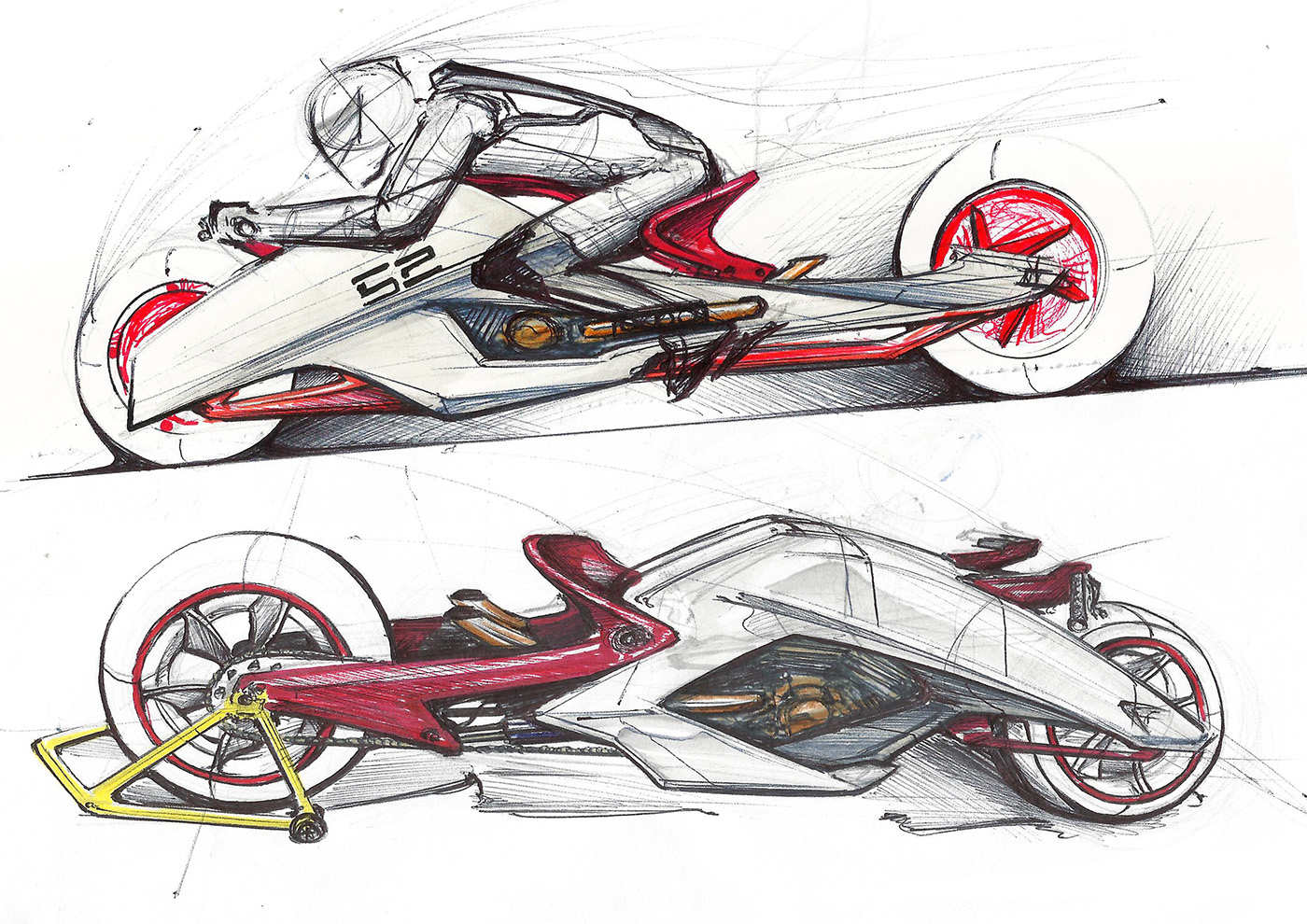 motorcycle，Hand drawn effect，Color rendering，industrial design，