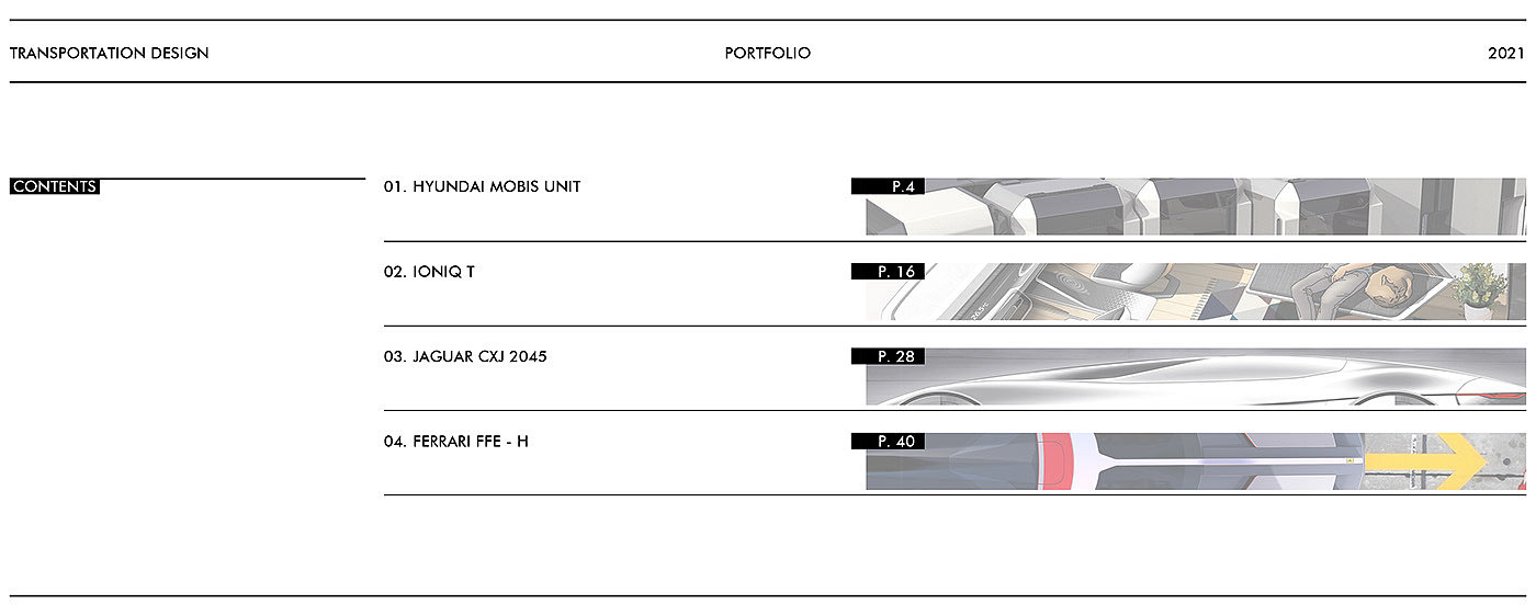 Yang Young jin，交通设计，作品集2021，MOBIS UNIT，IONIQ T，jaguar，FFE-H，