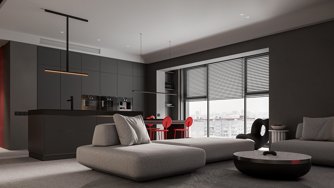 Interior design，young people，Modern simplicity，Grey + Red，