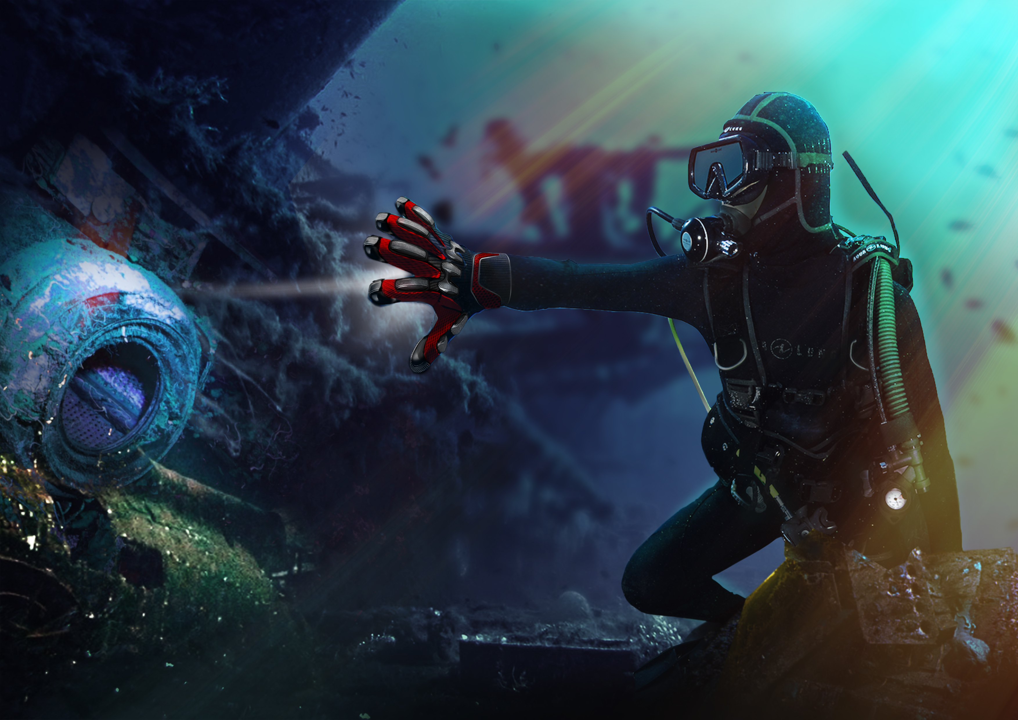 rt，glove，Iron Man，iron lights，Board drawing CG，concept，Underwater equipment，