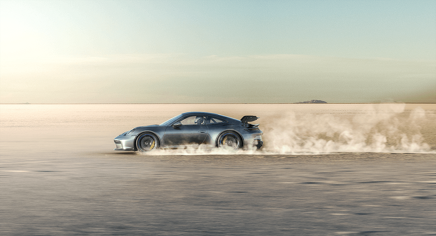 Porsche，cgi，Sports car，Salt Beach，Render Scene ，