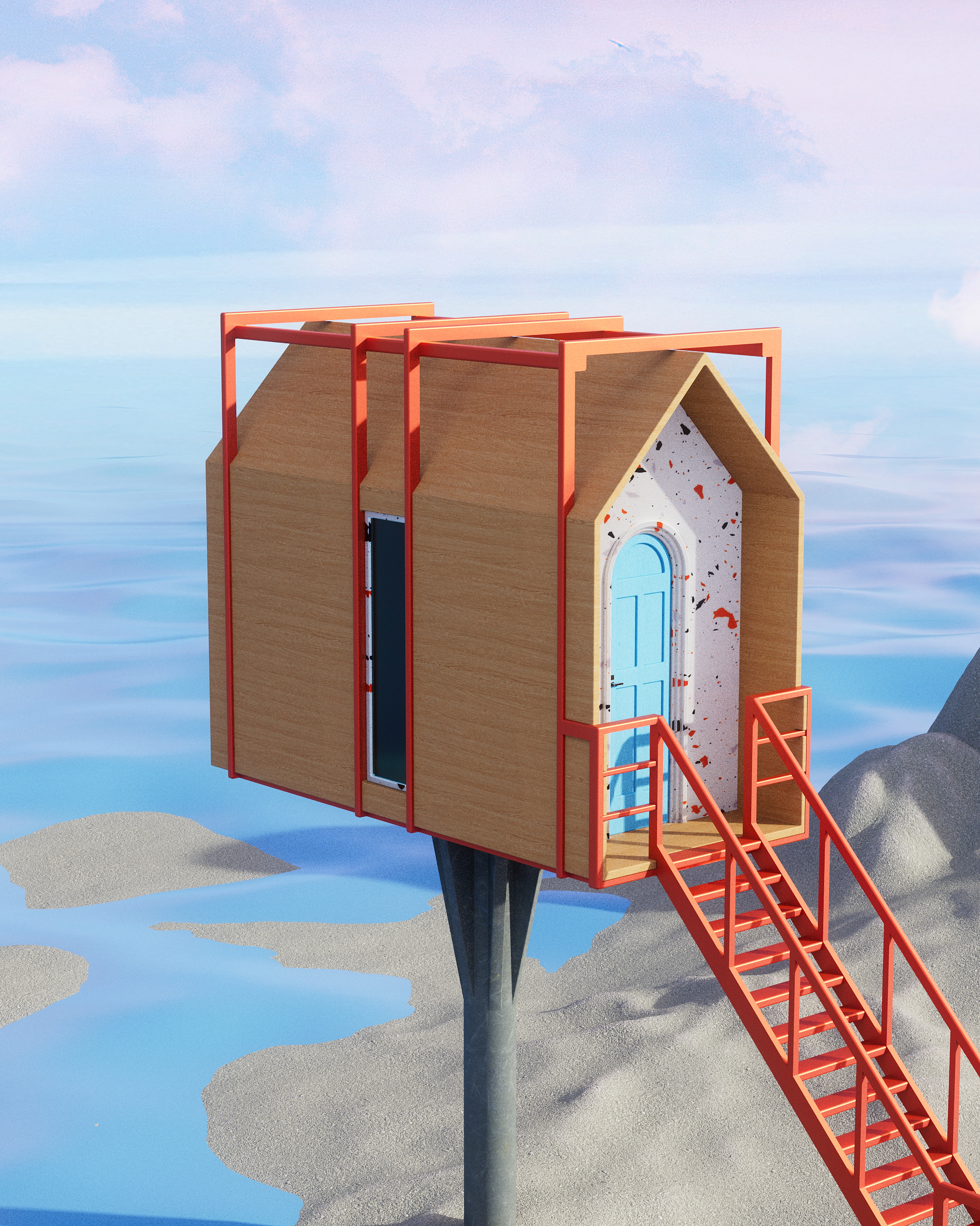 Product rendering，Product animation，c4d，Redshift，Small house，boat，Wooden house，sky，