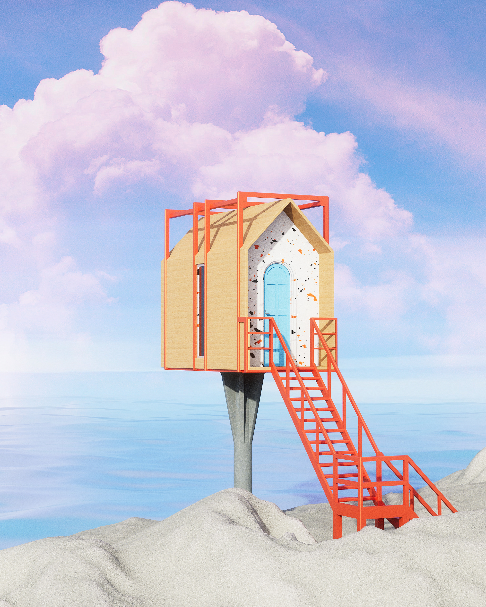 Product rendering，Product animation，c4d，Redshift，Small house，boat，Wooden house，sky，
