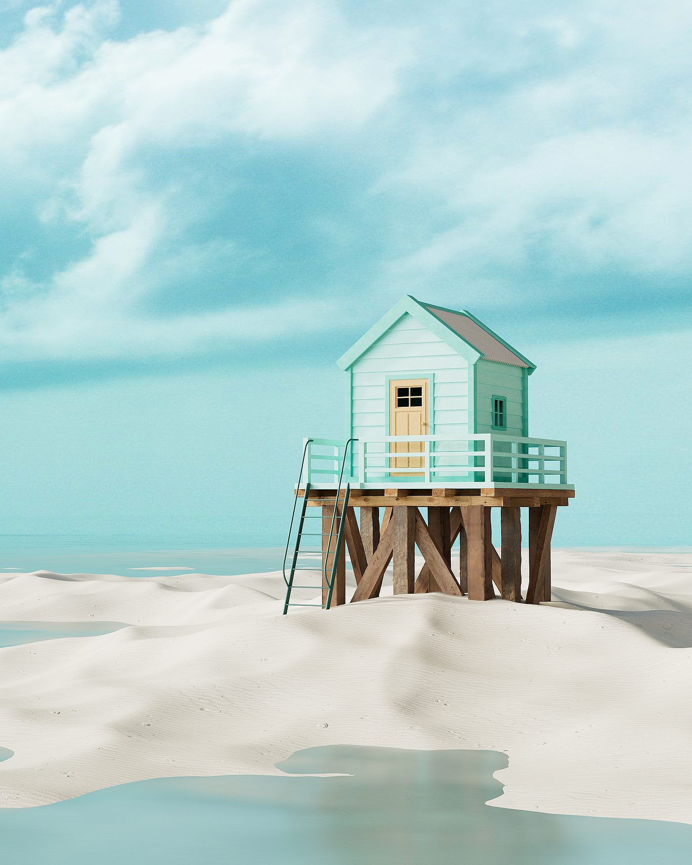 Product rendering，Product animation，c4d，Redshift，Small house，boat，Wooden house，sky，