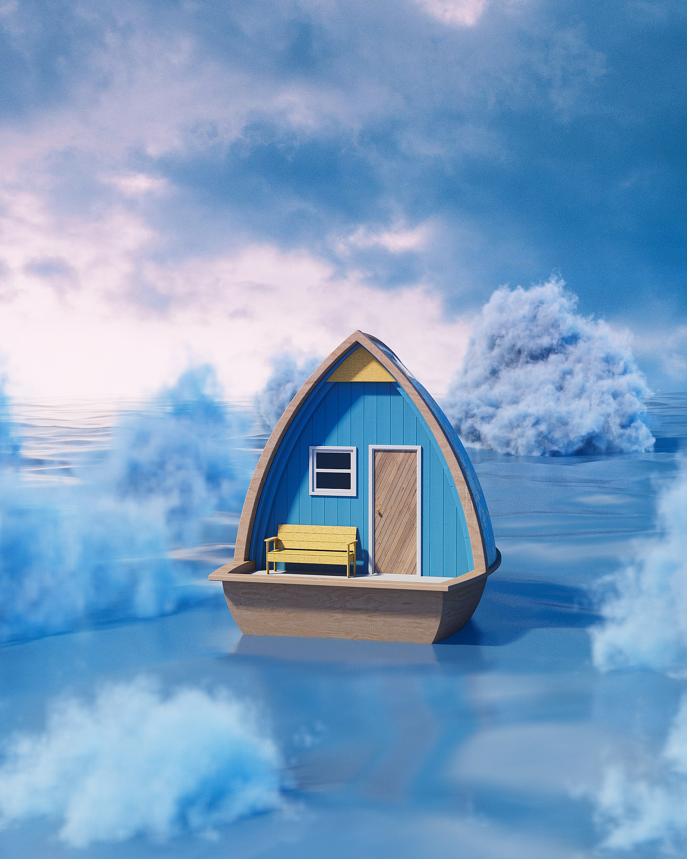 Product rendering，Product animation，c4d，Redshift，Small house，boat，Wooden house，sky，