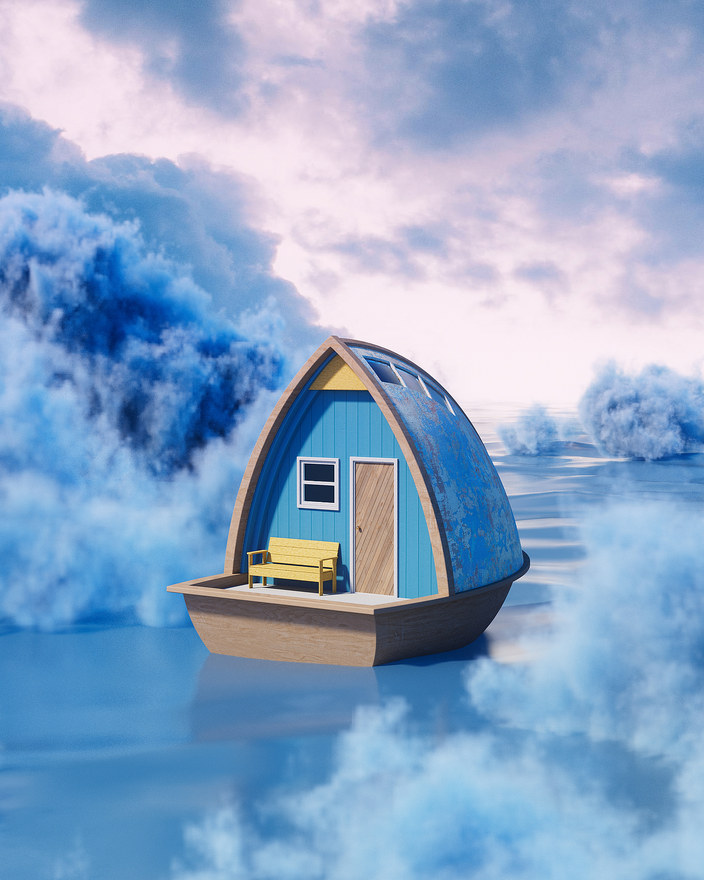 Product rendering，Product animation，c4d，Redshift，Small house，boat，Wooden house，sky，