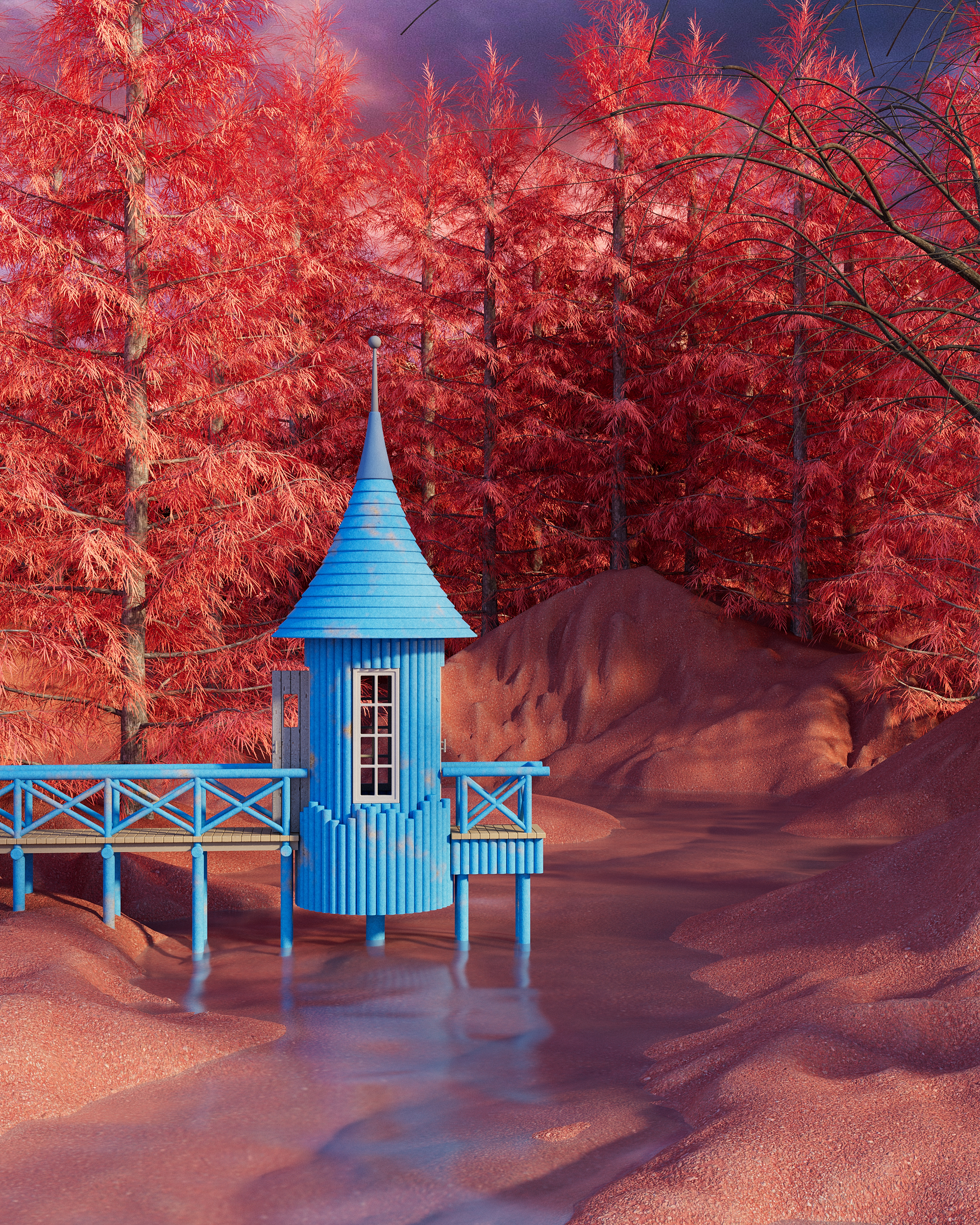Product rendering，Product animation，c4d，Redshift，Small house，boat，Wooden house，sky，