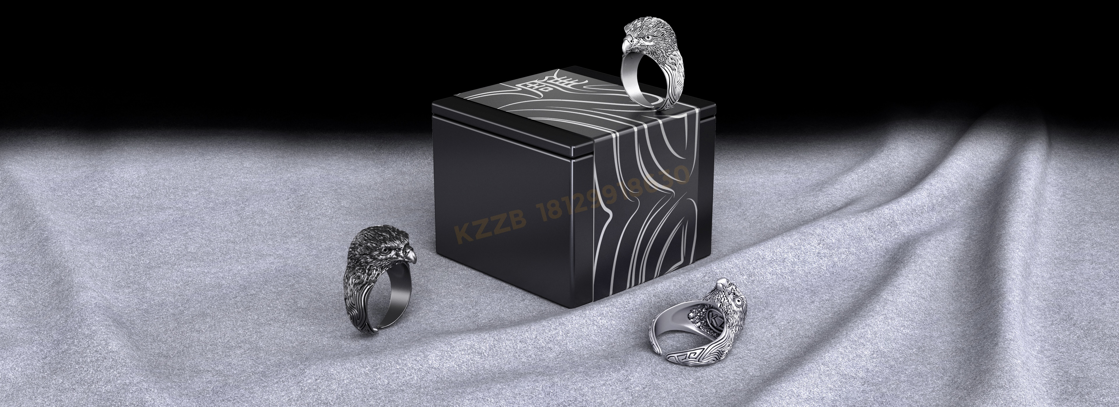 Carve，eagle，jewelry，Ring，Silver ornaments，modeling，Render，Zbrush，
