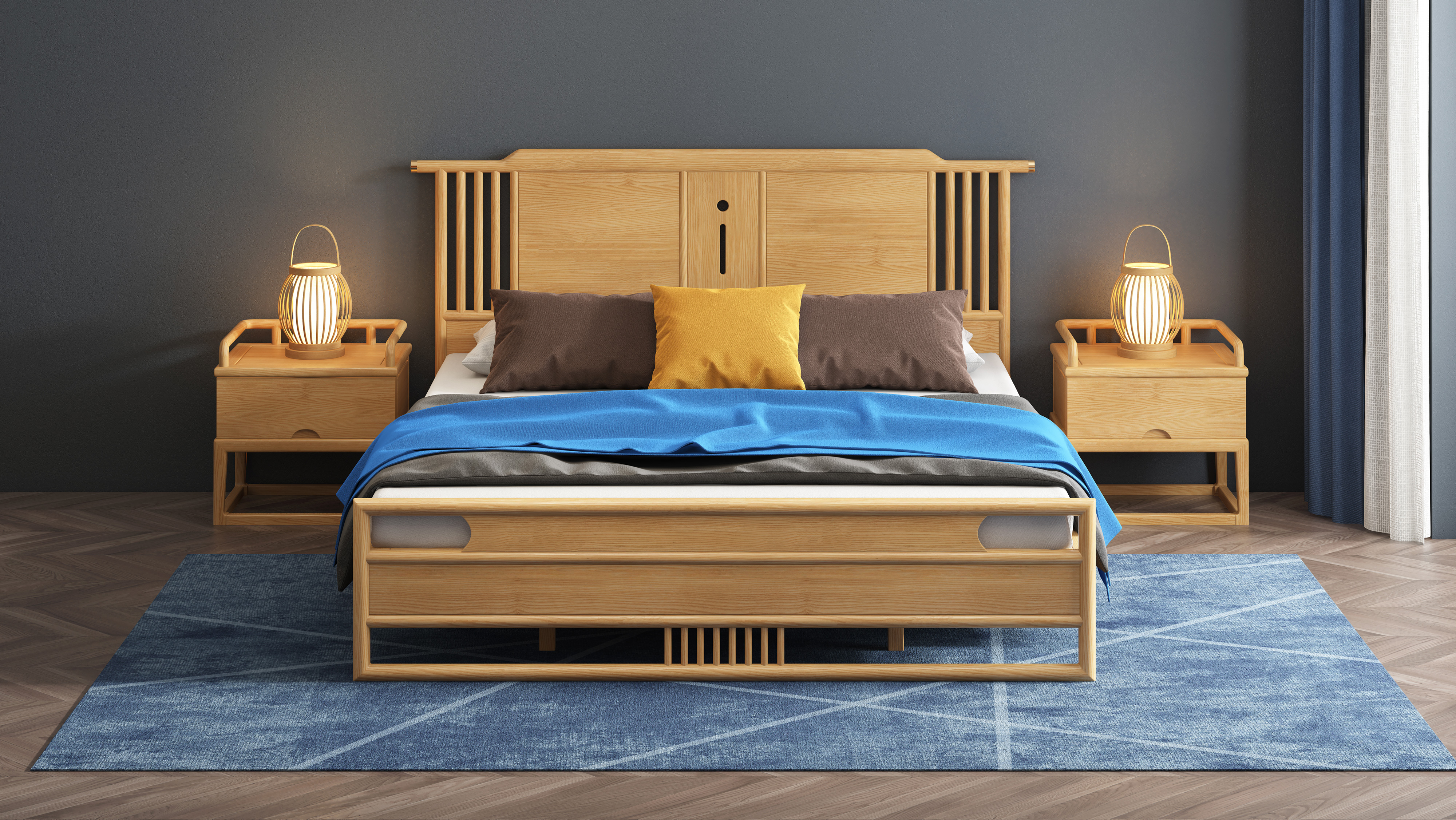 Chinese solid wood bed，Chinese furniture，Furniture modeling and rendering tutorial，Home Furnishing，furniture design ，product design，Product modeling and rendering animation tutorial，Antique Valley fragrance，