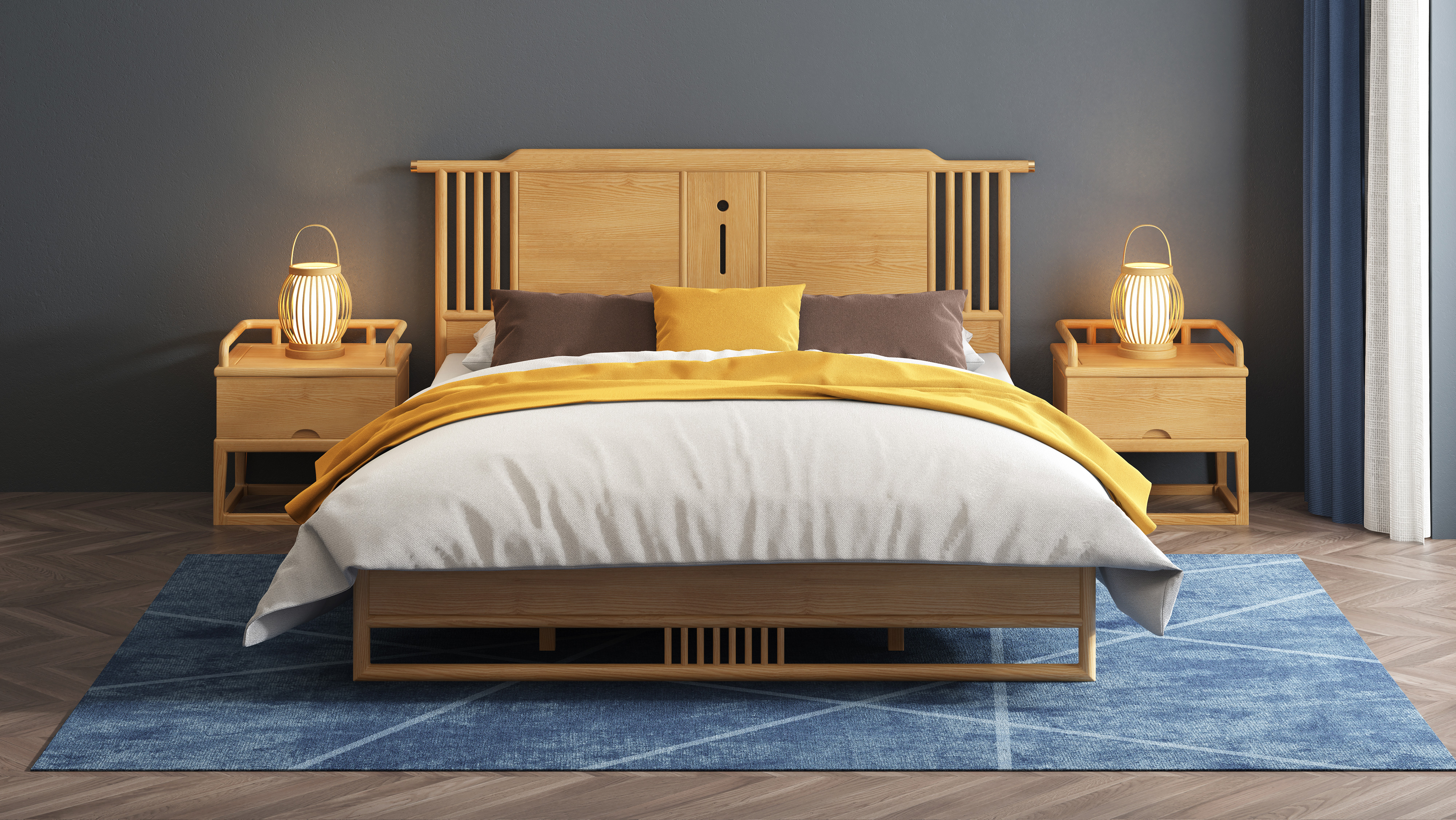 Chinese solid wood bed，Chinese furniture，Furniture modeling and rendering tutorial，Home Furnishing，furniture design ，product design，Product modeling and rendering animation tutorial，Antique Valley fragrance，