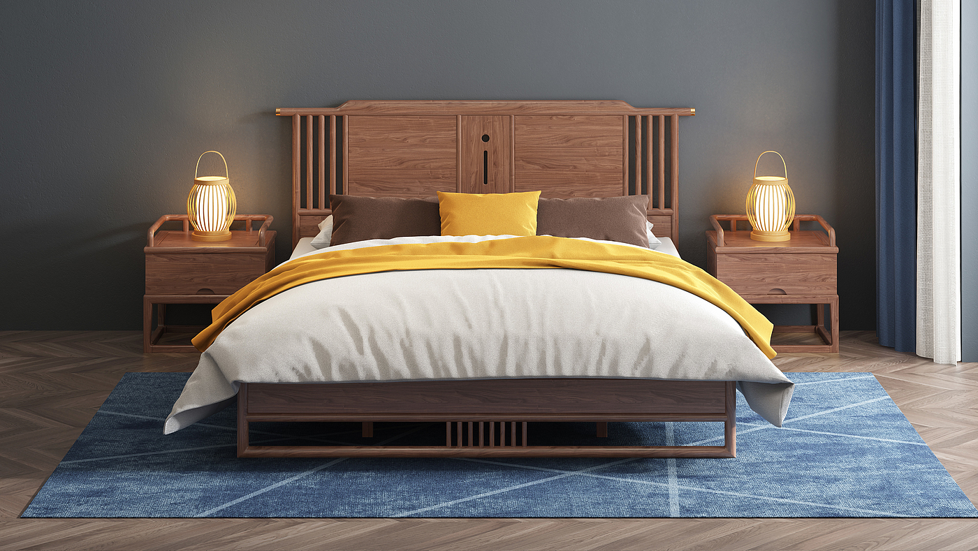 Chinese solid wood bed，Chinese furniture，Furniture modeling and rendering tutorial，Home Furnishing，furniture design ，product design，Product modeling and rendering animation tutorial，Antique Valley fragrance，