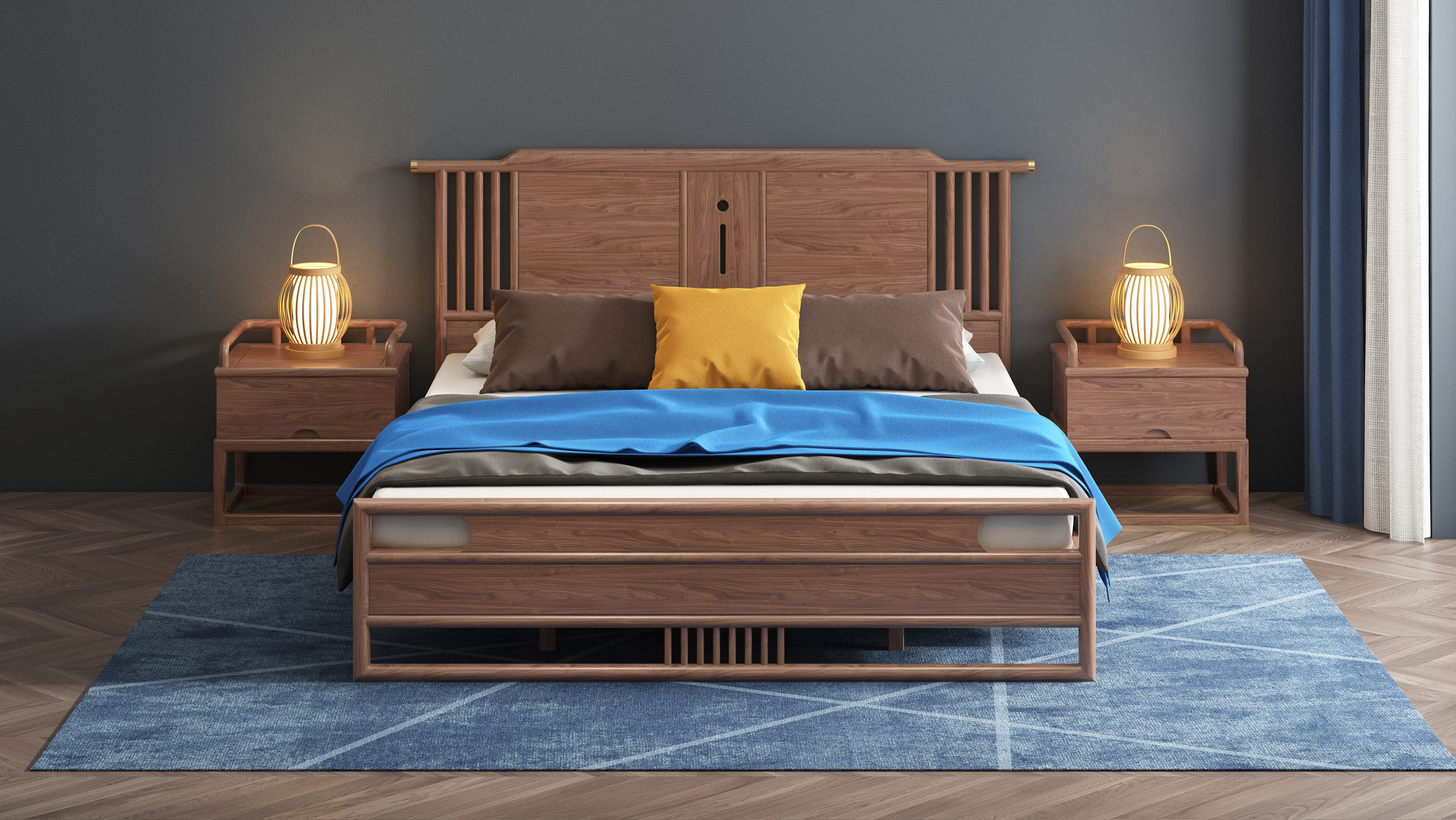 Chinese solid wood bed，Chinese furniture，Furniture modeling and rendering tutorial，Home Furnishing，furniture design ，product design，Product modeling and rendering animation tutorial，Antique Valley fragrance，