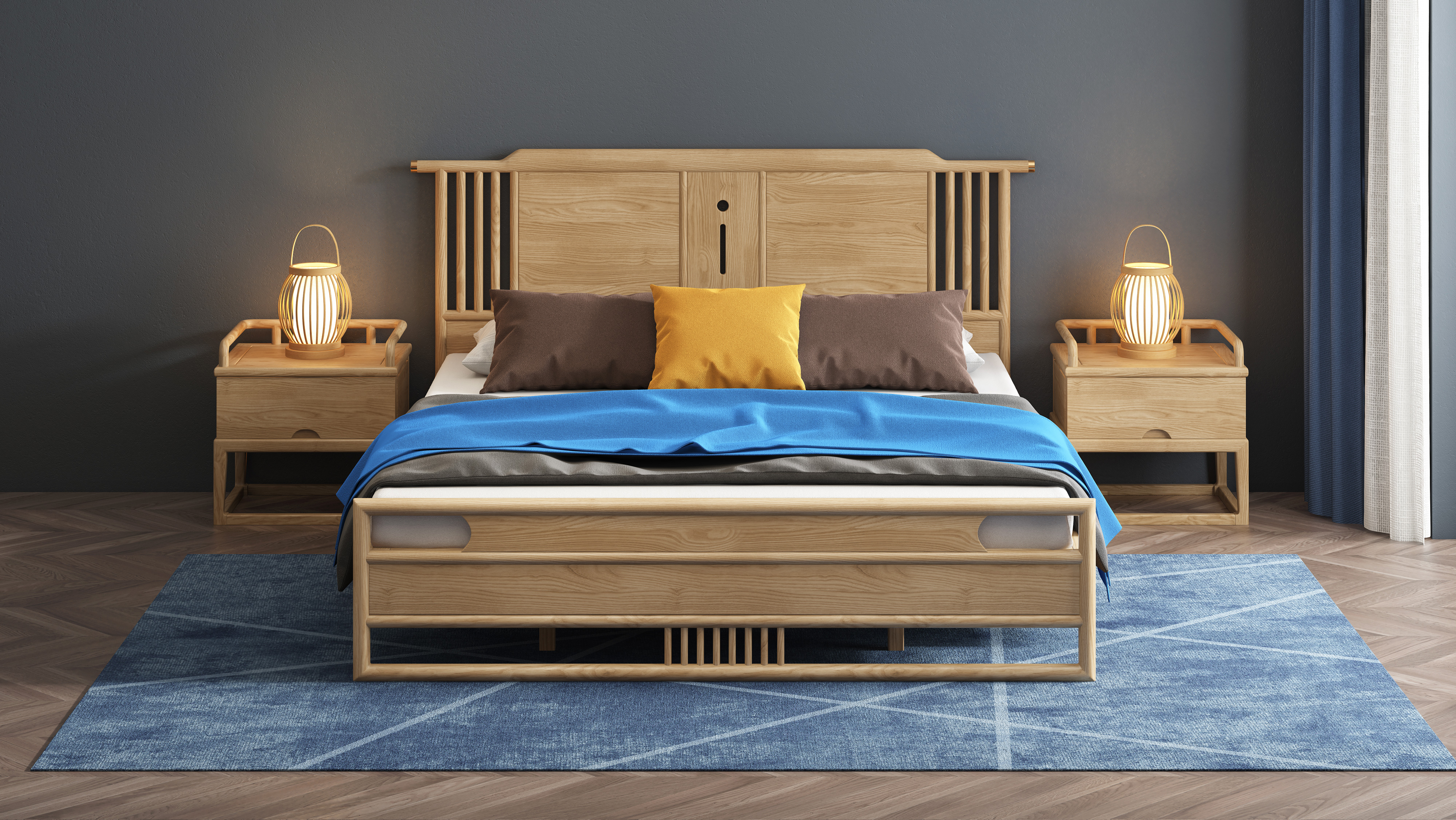 Chinese solid wood bed，Chinese furniture，Furniture modeling and rendering tutorial，Home Furnishing，furniture design ，product design，Product modeling and rendering animation tutorial，Antique Valley fragrance，