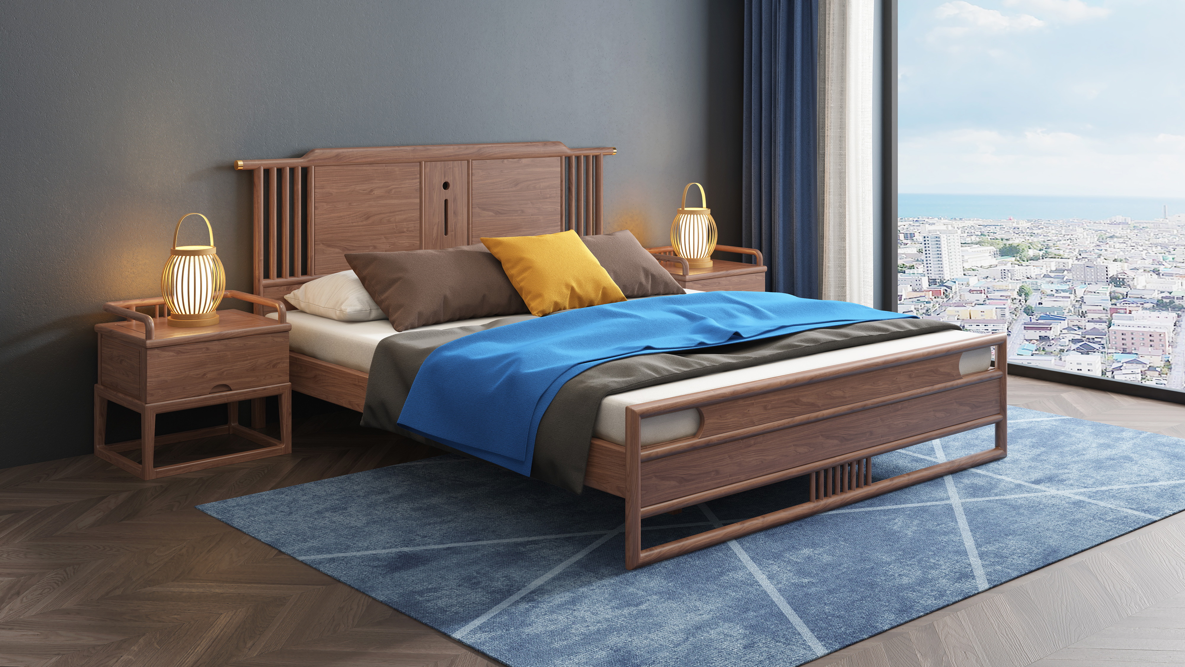 Chinese solid wood bed，Chinese furniture，Furniture modeling and rendering tutorial，Home Furnishing，furniture design ，product design，Product modeling and rendering animation tutorial，Antique Valley fragrance，