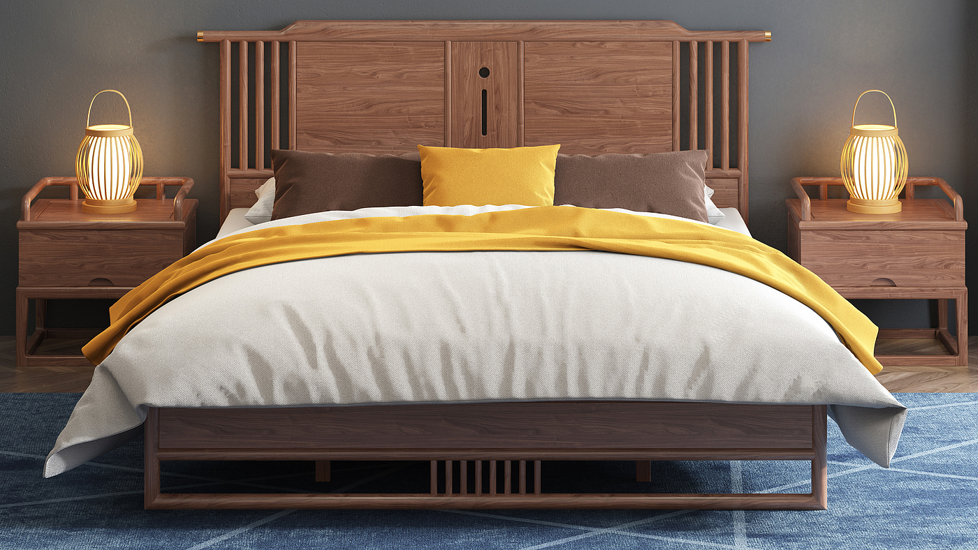 Chinese solid wood bed，Chinese furniture，Furniture modeling and rendering tutorial，Home Furnishing，furniture design ，product design，Product modeling and rendering animation tutorial，Antique Valley fragrance，