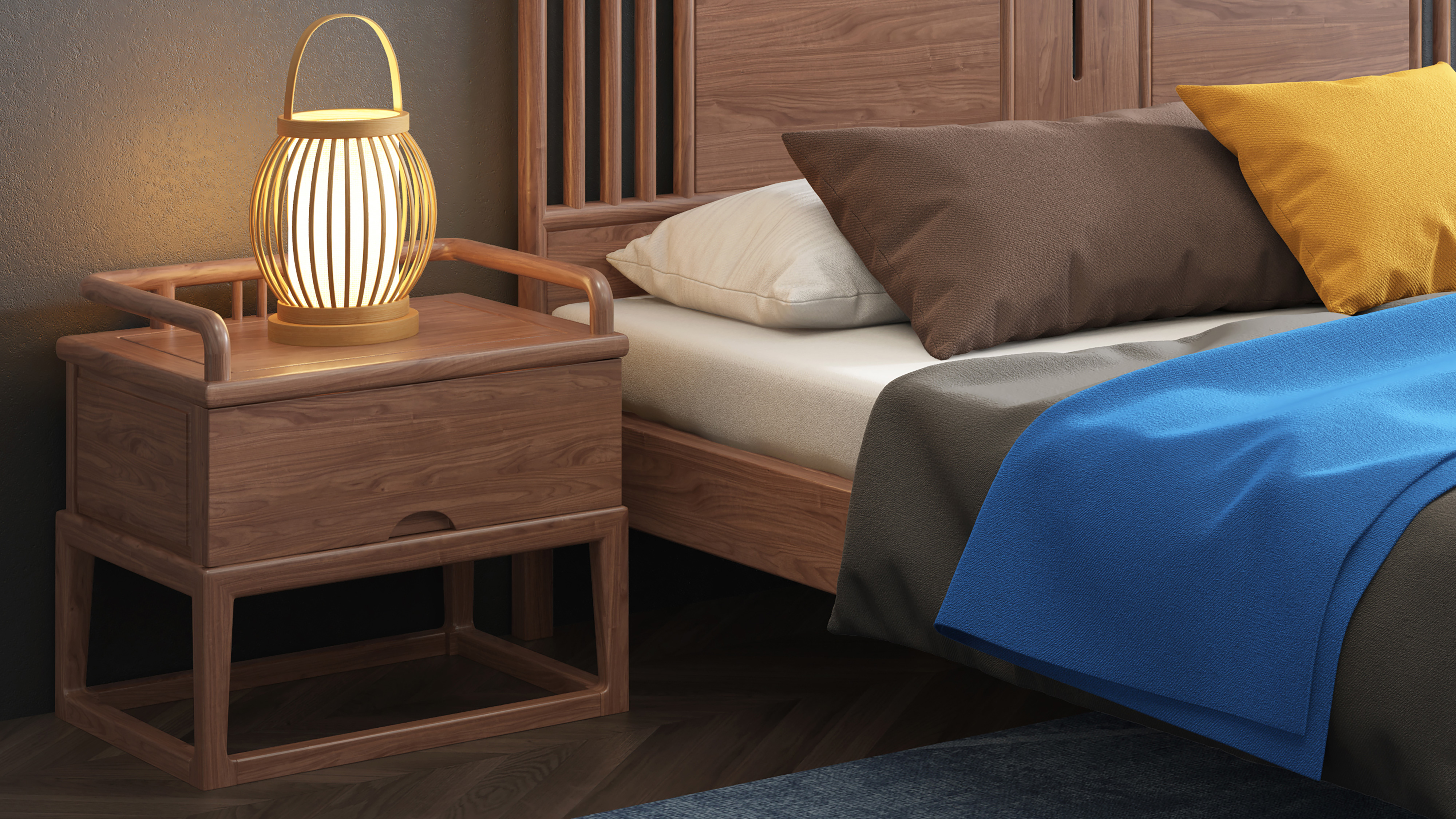 Chinese solid wood bed，Chinese furniture，Furniture modeling and rendering tutorial，Home Furnishing，furniture design ，product design，Product modeling and rendering animation tutorial，Antique Valley fragrance，