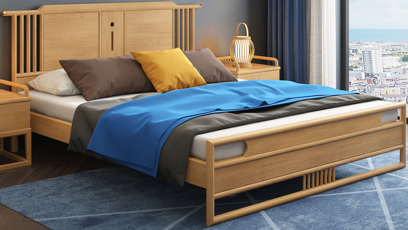 Chinese solid wood bed，Chinese furniture，Furniture modeling and rendering tutorial，Home Furnishing，furniture design ，product design，Product modeling and rendering animation tutorial，Antique Valley fragrance，