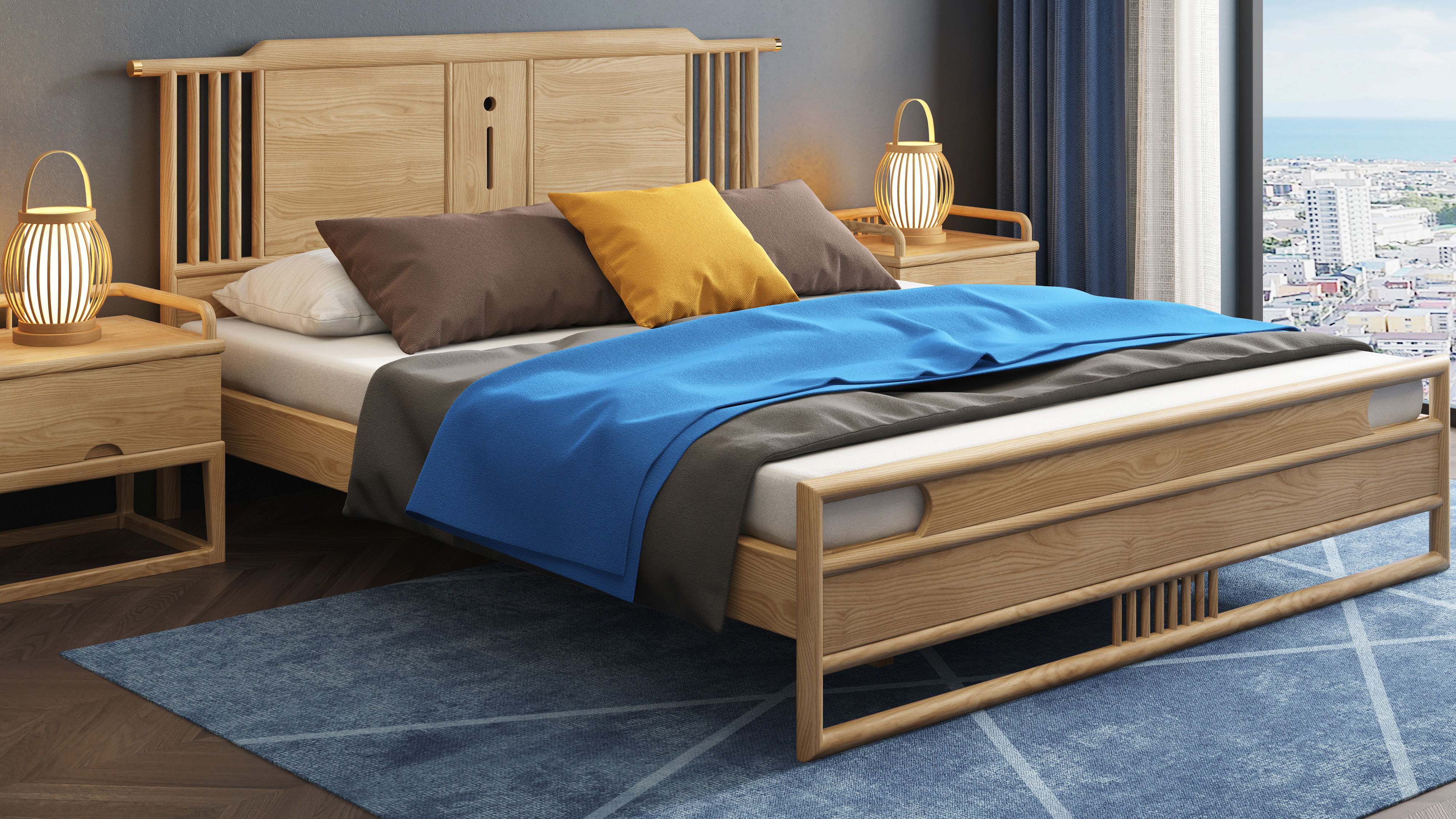 Chinese solid wood bed，Chinese furniture，Furniture modeling and rendering tutorial，Home Furnishing，furniture design ，product design，Product modeling and rendering animation tutorial，Antique Valley fragrance，