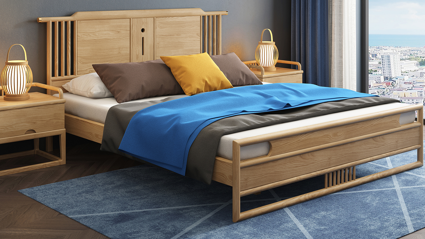 Chinese solid wood bed，Chinese furniture，Furniture modeling and rendering tutorial，Home Furnishing，furniture design ，product design，Product modeling and rendering animation tutorial，Antique Valley fragrance，