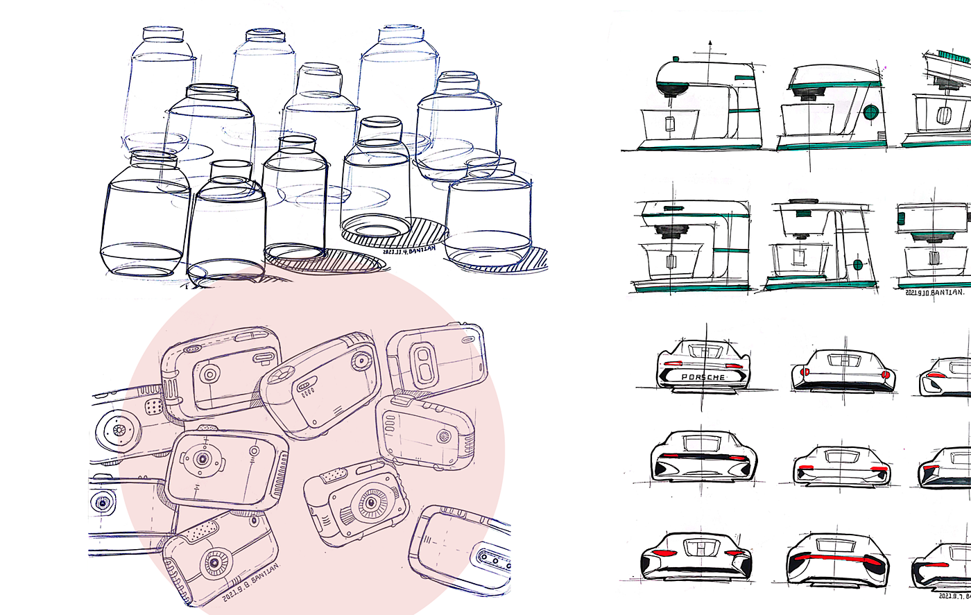 Product hand drawing exercise，Industrial product design，Hand drawn punch in series，2021 summary，