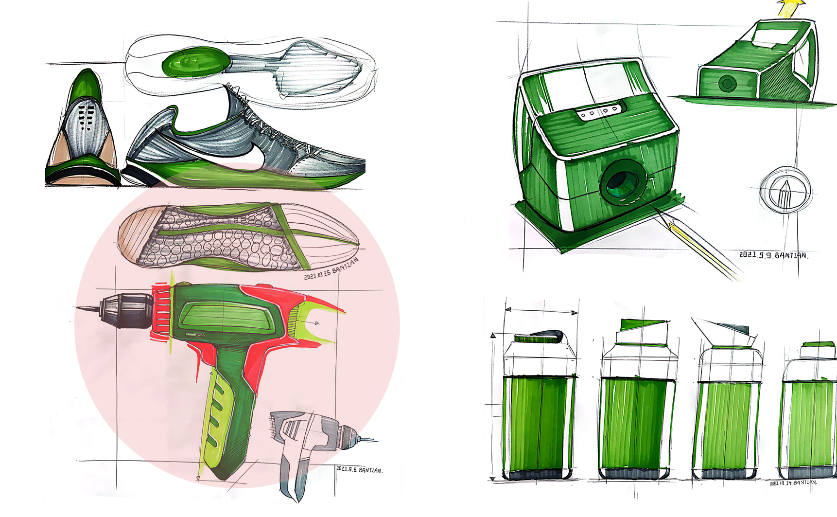 Product hand drawing exercise，Industrial product design，Hand drawn punch in series，2021 summary，