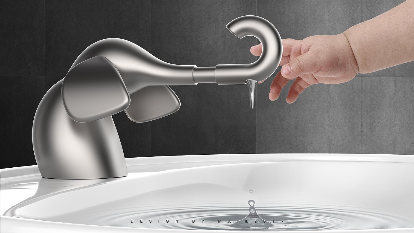 interaction，elephant，water tap，bathroom，environment protection，