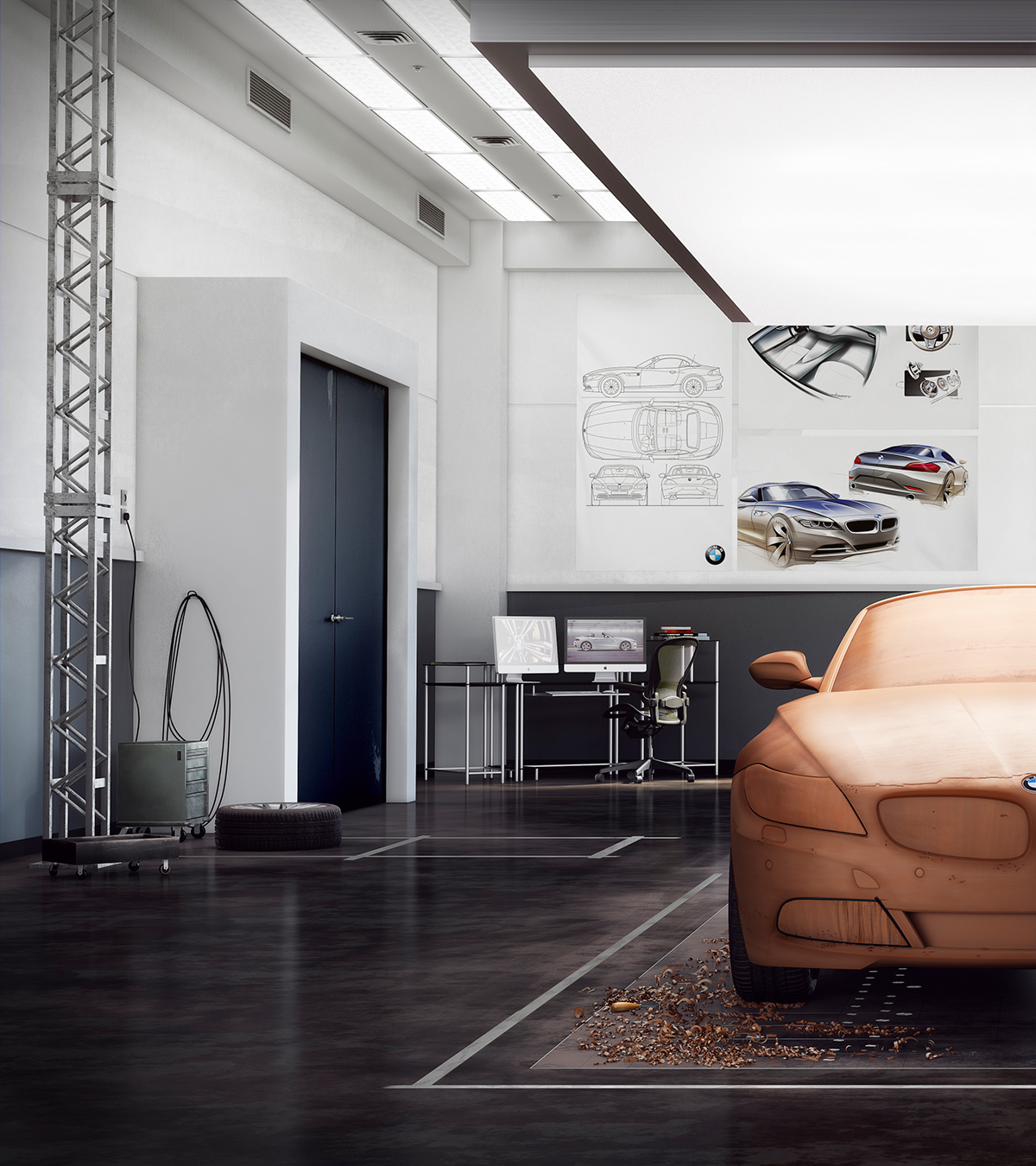 BMW Z4，Material comparison，Wood model rendering，Automobile design，industrial design，V-Ray Israel rendering，