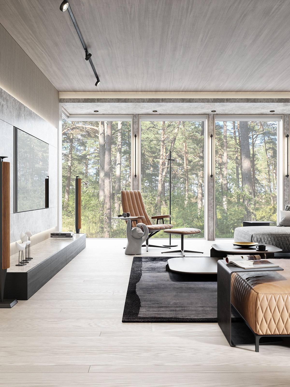 Interior design，a living room，forest，cgi，