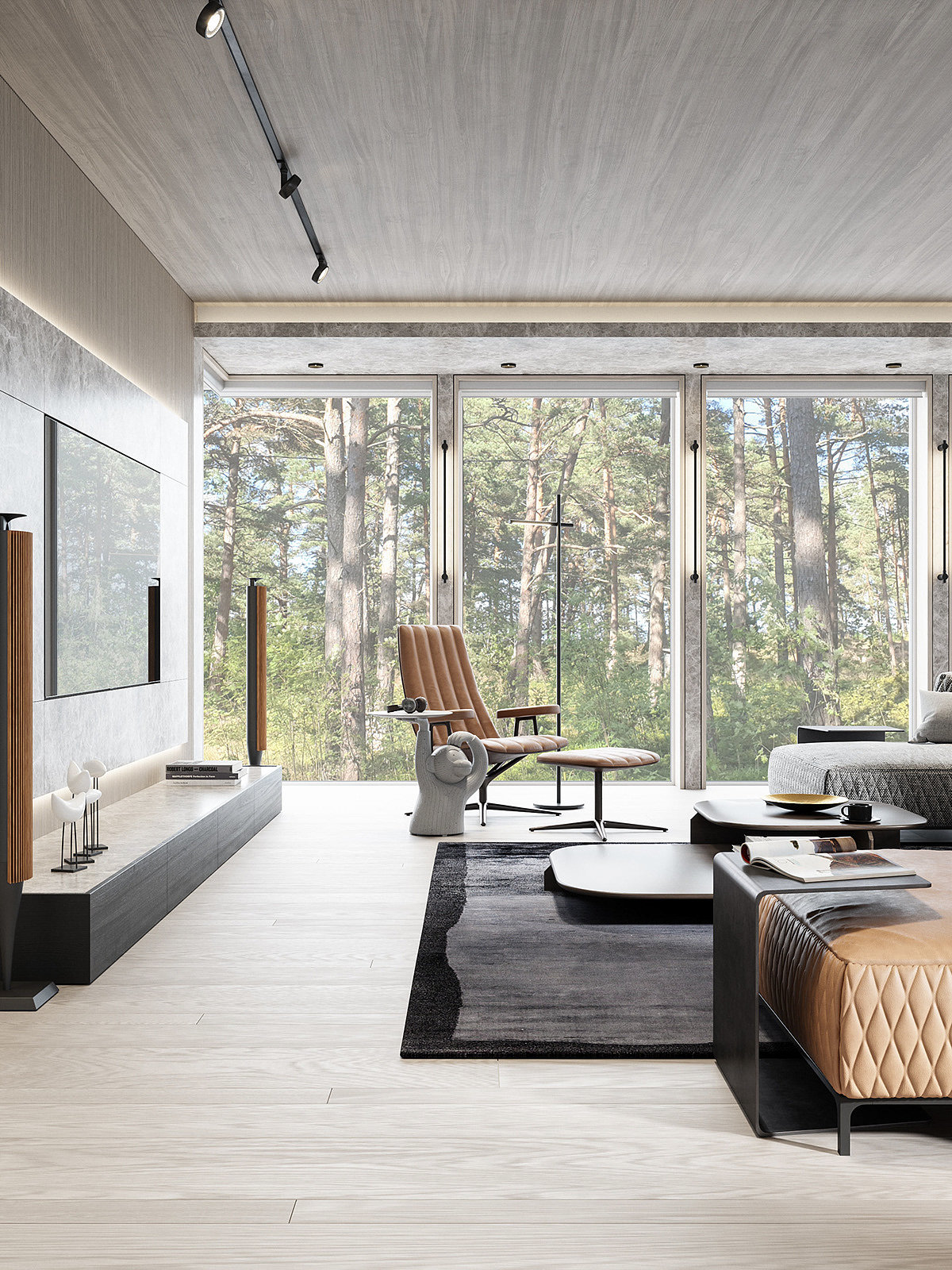 Interior design，a living room，forest，cgi，