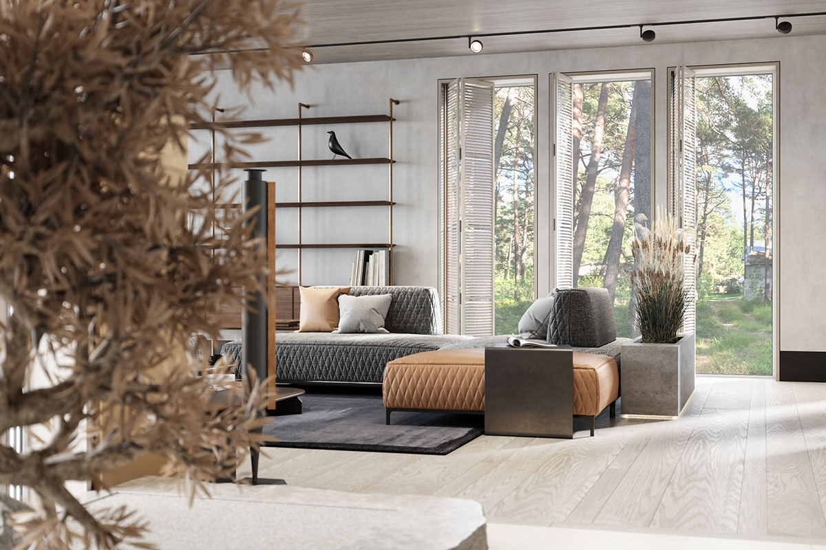 Interior design，a living room，forest，cgi，