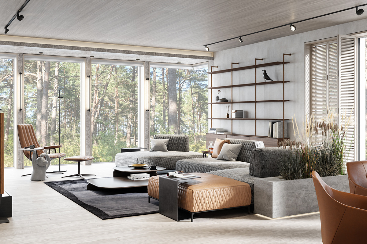 Interior design，a living room，forest，cgi，